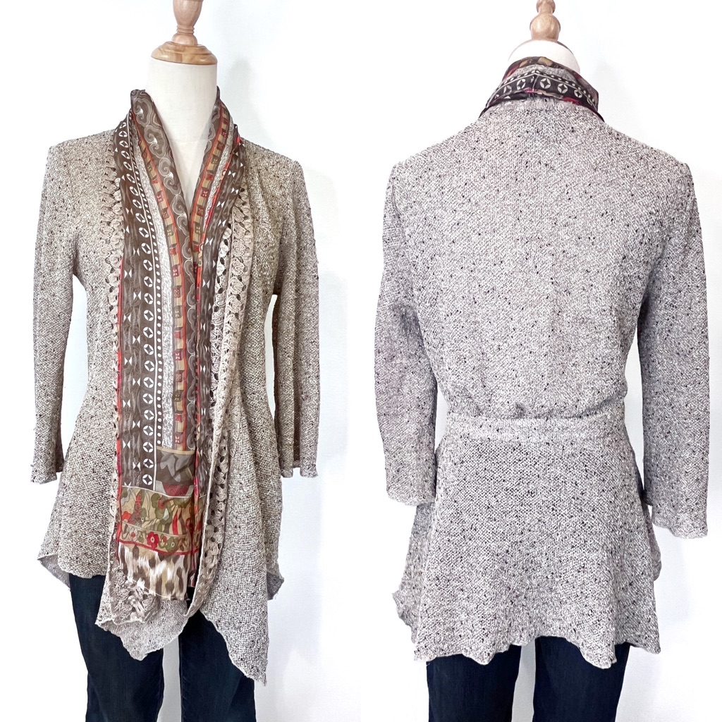Alberto Makali Tan Knit Sheer Material Cardigan Style With Scarf Trim Medium